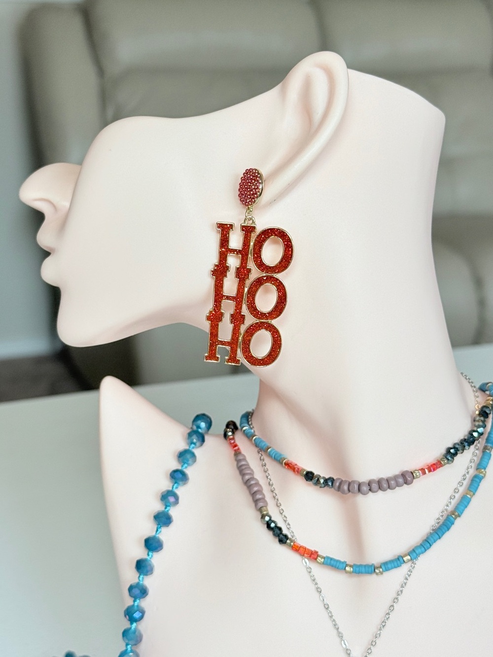 Festive 'HO HO HO' Red Glitter Drop Earrings